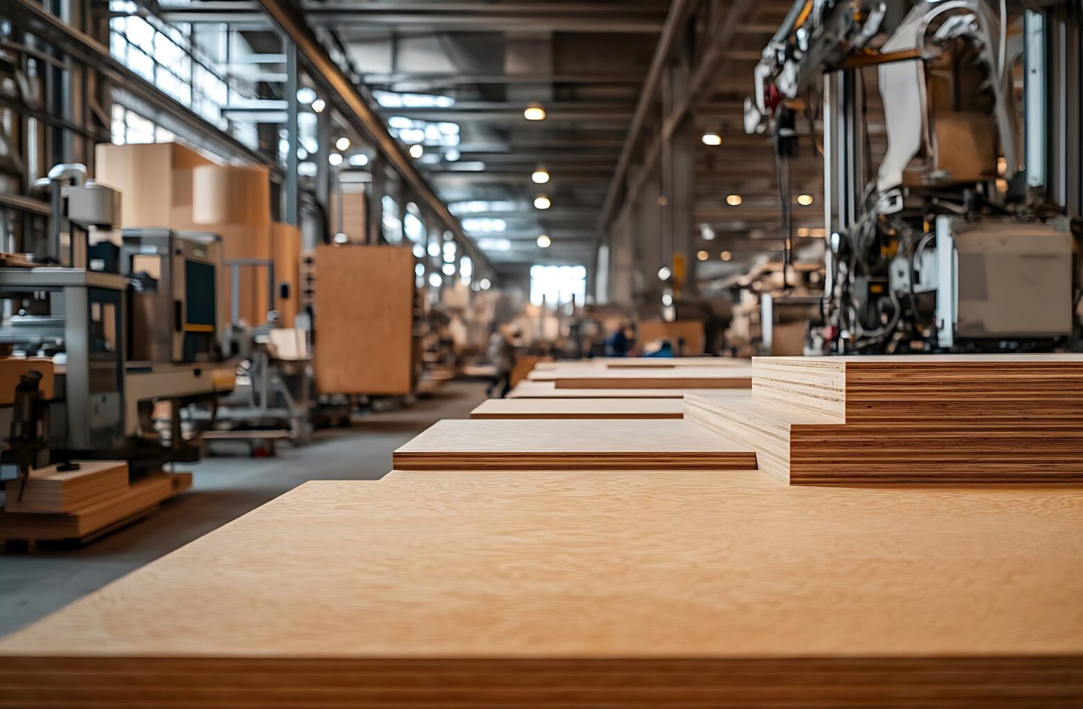 Stacked plywood sheets in a factory setting.