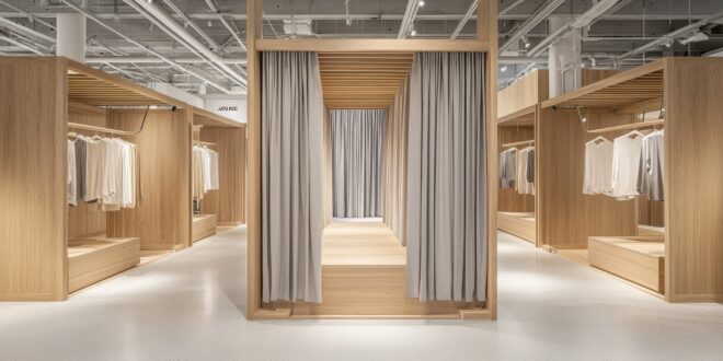 Bright and airy fitting rooms designed for modern retail.