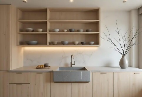 Modern Minimalist Kitchen with Light Plywood Cabinetry, Open Shelving, and Concrete Sink